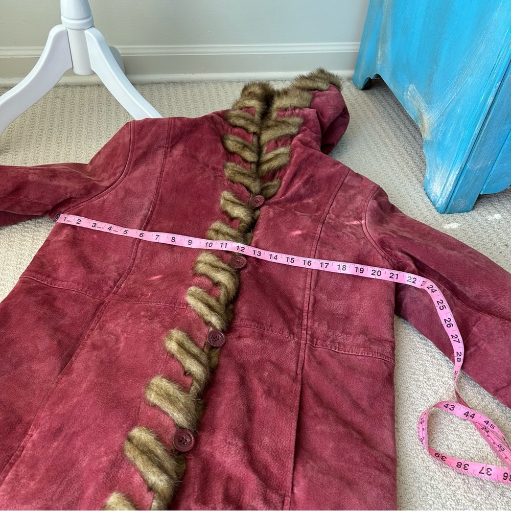 Dennis Basso Cranberry Suede Faux Fur Hooded Coat - Picture 6 of 15